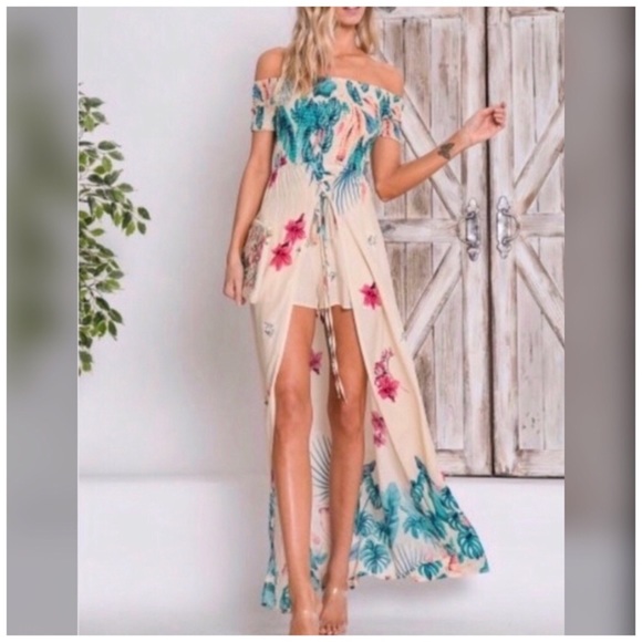 Pretty Girl Swag Fashion Dresses & Skirts - Bold Cream/Green Tropical Print Maxi Dress Romper
